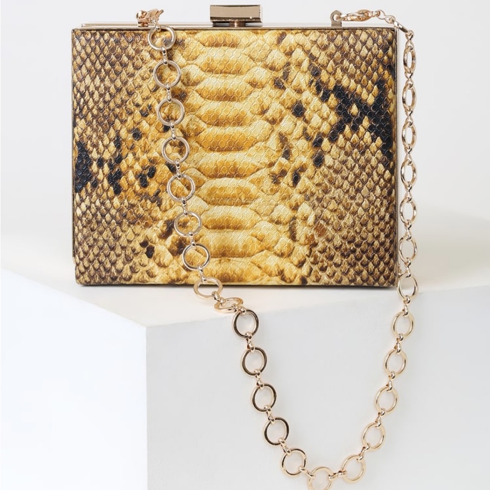 Juliana Mustard Yellow Snake Print Box Clutch